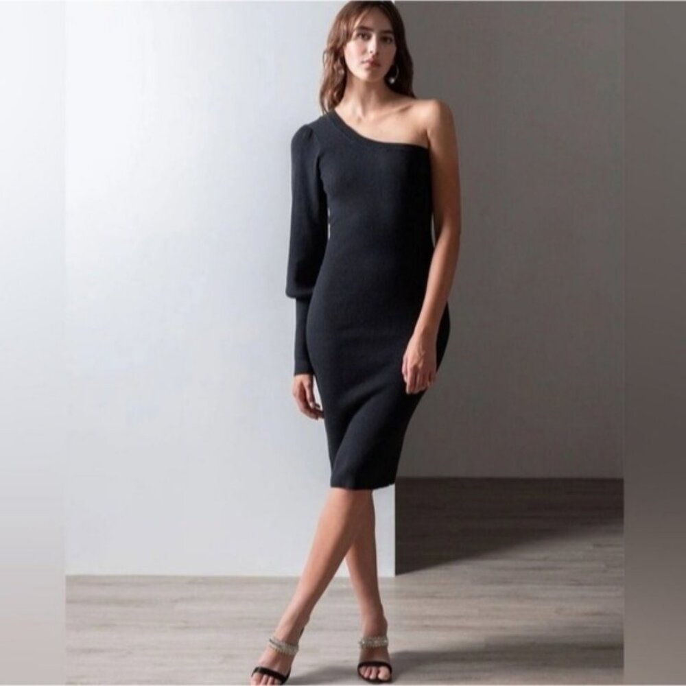 Sanctuary One Shoulder Sweater Dress Size XXS New Black Slimming Flirty Classic